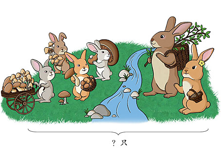 选自一年级上册，创设小兔子采蘑菇的生动情境，进行加法教学。