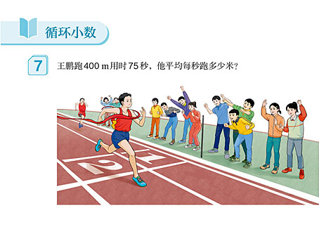 选自五年级上册，计算学生400米跑平均速度，学习循环小数。